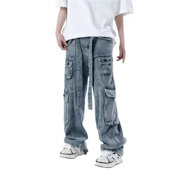 Мужские джинсы High Street С несколькими карманами, Винтажная рабочая одежда свободного покроя, джинсы уличного стиля, мужские джинсы на завязках