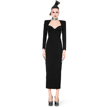 Женское платье, Модный Новый стиль, Простое черное облегающее бандажное платье, Элегантное платье с длинными рукавами, Шикарная женская юбка, женское вечернее платье