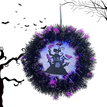 Венки с подсветкой на Хэллоуин Декоративный Венок-Призрак на Хэллоуин С фиолетовыми огнями Декоративный венок со свечением на Хэллоуин Венок на Хэллоуин