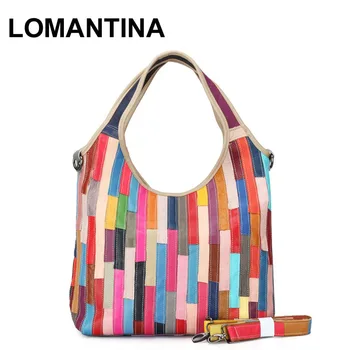 Женские кошельки и сумочки из натуральной воловьей кожи Lomantina, сшитые разноцветными полосками, Модная повседневная женская сумка-тоут на плечо