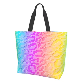 Голографический орнамент из меха леопарда на радужных сумках-тоут для женщин, многоразовые продуктовые сумки, большие сумки для покупок