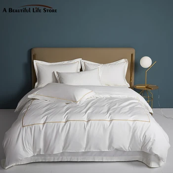 Роскошные комплекты постельного белья из египетского хлопка с вышивкой 140-х годов, однотонные комплекты постельного белья в гостиничном стиле, белый комплект постельного белья, пододеяльник, простыня размера 