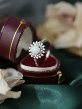 2023 Модное Новое Европейское и Американское кольцо из стерлингового серебра S925 пробы с натуральным цирконом и белым опалом в стиле подсолнуха Женское кольцо