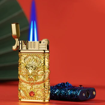 Новая металлическая Ветрозащитная Компактная Бутановая газовая зажигалка с двойным пламенем, Шлифовальный круг, Кремневые зажигалки, подарок для курильщиков