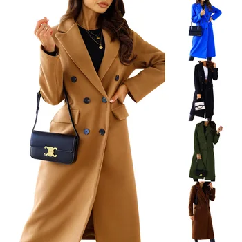 Женское шерстяное пальто, осенне-зимнее, с длинными рукавами, однотонное, двубортное, удлиненное женское пальто