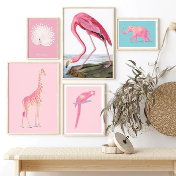 Розовый слон, Жираф, Фламинго, Попугай, плакат, животное, настенное искусство, холст, живопись, Скандинавский модерн для домашнего декора в гостиной, без рамки