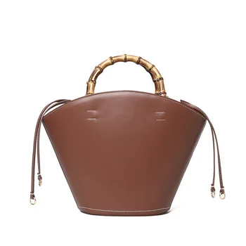 2023 Весна/лето, Новая большая сумка из натуральной кожи, женская сумка в стиле ретро с бамбуковой ручкой, женская сумка