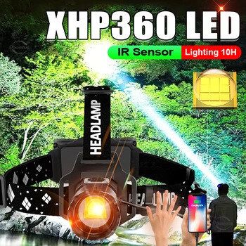 Супер яркий светодиодный налобный фонарь с датчиком XHP360, перезаряжаемый Масштабируемый головной фонарик, блок питания, налобный фонарь со встроенной батареей 18650