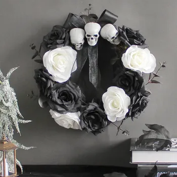 Скелет, венок, Домашняя роза, настенная подвеска, украшение для вечеринки на фоне стены, зимняя табличка с приветствием на двери
