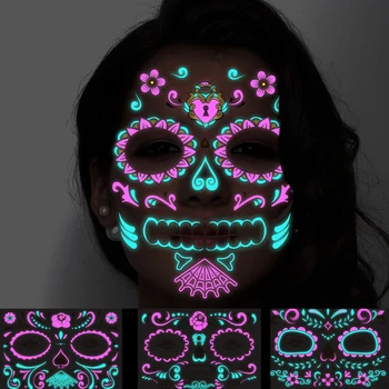 Флуоресцентная маска на Хэллоуин, Забавный Ужасный Временный макияж, Наклейки с татуировками на лице, танец Духа Смерти, Женский Маскарадный реквизит для косплея