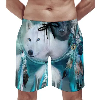 Пляжные шорты Dream Catcher с белым принтом волка, забавные шорты для серфинга, мужские быстросохнущие плавки на заказ, подарок на день рождения