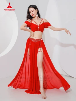 Профессиональный костюм для танца живота для женщин, сетчатый топ с короткими рукавами + сексуальная длинная юбка с разрезом, восточный костюм для танца живота для девочек, 2 шт.