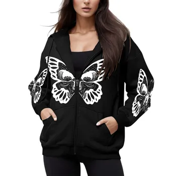 Куртка с принтом бабочки на Хэллоуин, осенне-зимняя женская толстовка для девочек, пальто на молнии с завязками, винтажный топ с длинным рукавом, ширма