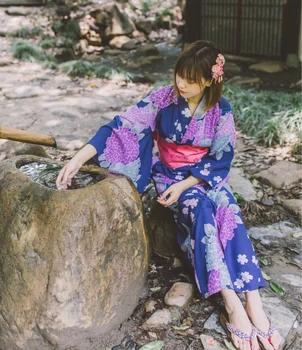 Японское Кимоно Юката Женская Гортензия Полиэфирная Ткань Без морщин Длиной 150 см Новая