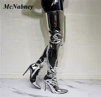 Женские пикантные сапоги с зеркальным острым носком на тонких высоких каблуках серебристого цвета, стильные женские блестящие ботфорты выше колена, женская обувь для т-образной вечеринки