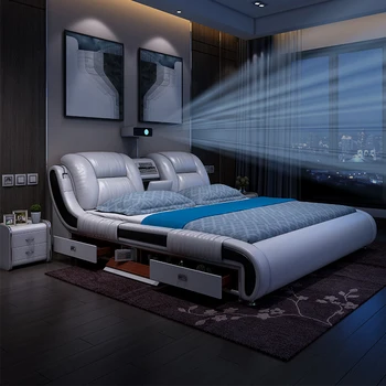 Кровать из натуральной кожи Многофункциональные кровати Ultimate Massage Camas с Bluetooth, Динамиком, Сейфом, Воздухоочистителем, Проектором, Выдвижными ящиками