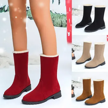 Женские зимние ботинки до середины икры; Модные однотонные зимние ботинки из флока на толстом каблуке; Теплые хлопчатобумажные ботинки с круглым носком; Женская обувь из плотного хлопка;