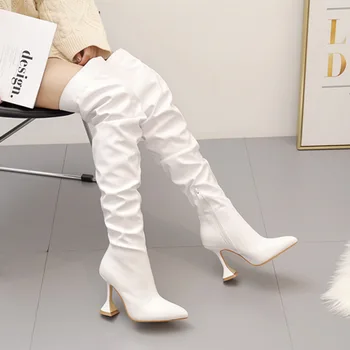 2023 Новые модные белые женские ботинки, элегантные прямые ботинки, сапоги выше колена на высоком каблуке, большие размеры 35-42, Бесплатная доставка