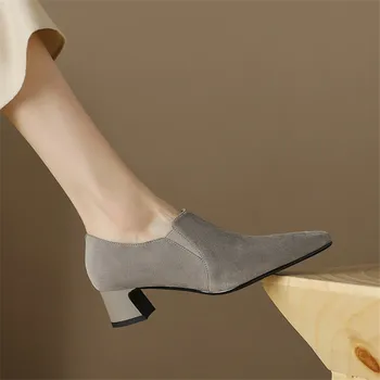 2023 Новые осенние женские Лоферы из овечьей замши с острым носком на не сужающемся книзу массивном каблуке, зимние женские туфли-лодочки, женская обувь Zaptos De Mujer
