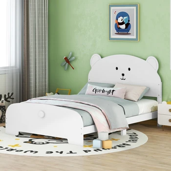 Полноразмерная деревянная кровать-платформа с изголовьем и изножьем в форме медведя, легко монтируется для внутренней мебели для спальни, белый